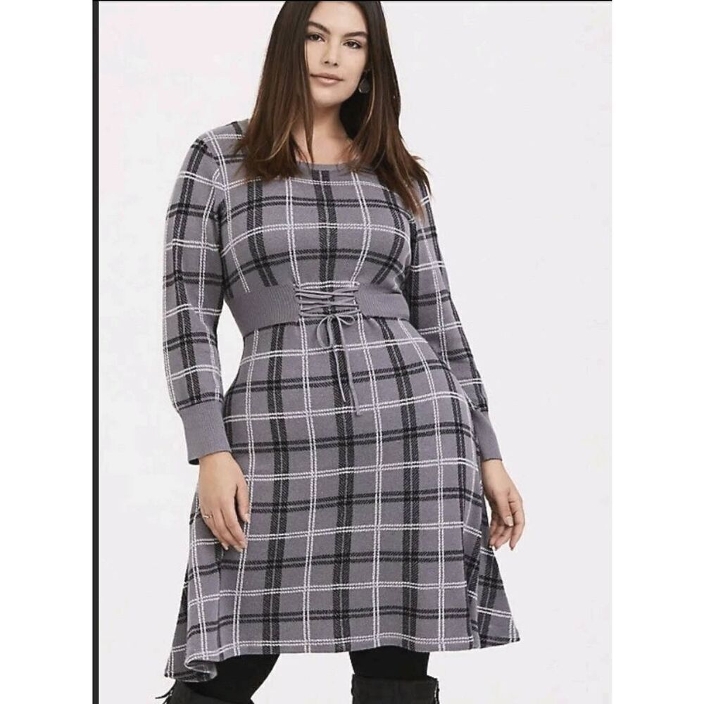 TORRID Grey Plaid Sweater Knit Corset Skater Dress Women's 0